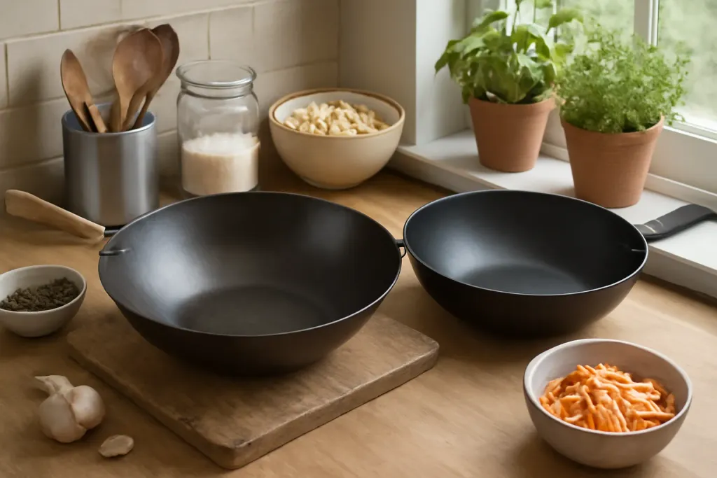 Editorial photo illustrating carbon steel vs nonstick wok