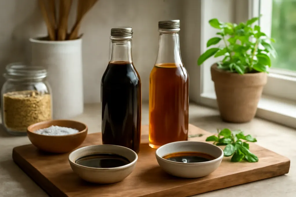 Editorial photo illustrating dark soy vs thin soy sauce