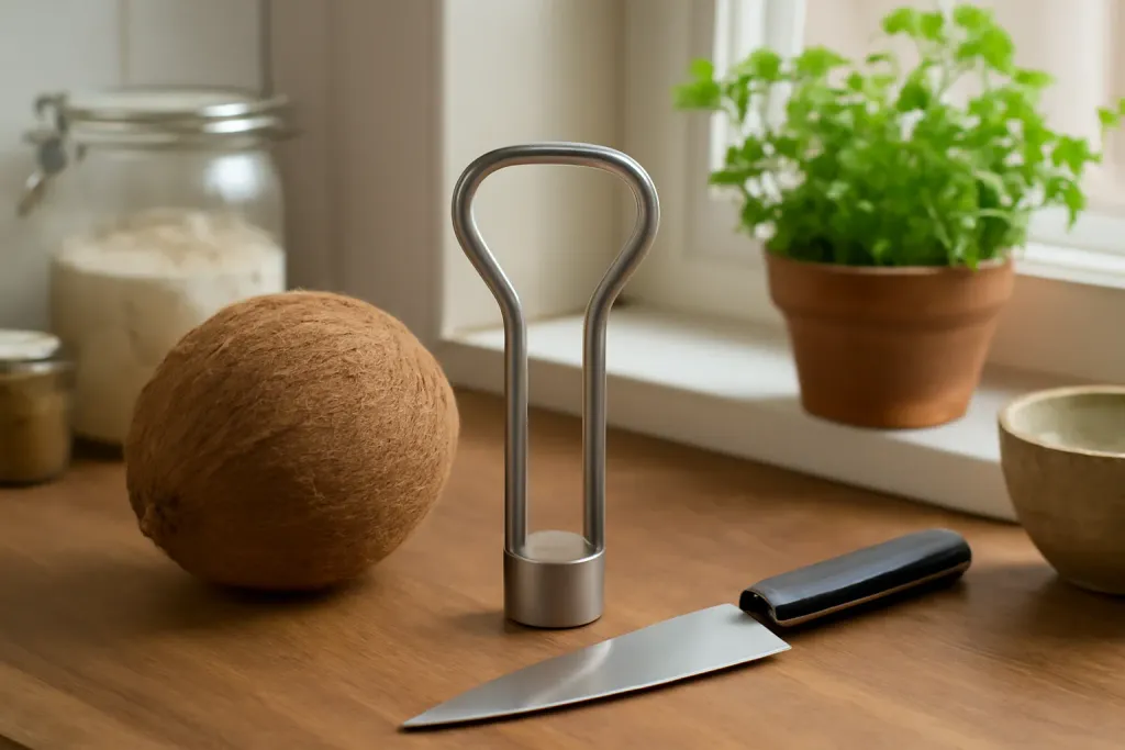 Editorial photo illustrating coconut opener vs knife