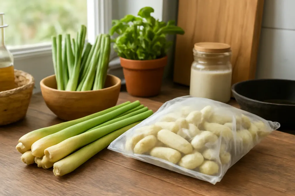 Editorial photo illustrating fresh vs frozen lemongrass