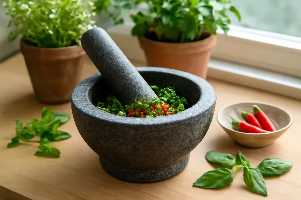 A granite mortar and pestle with herbs and chiles being pounded