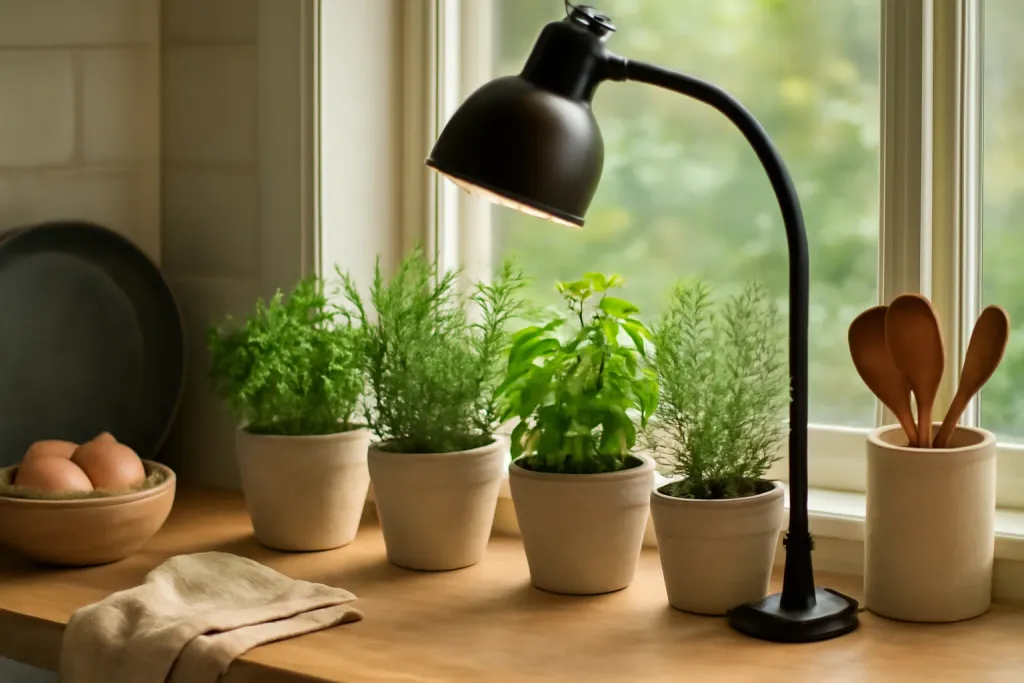 An adjustable lamp positioned above a row of potted herbs