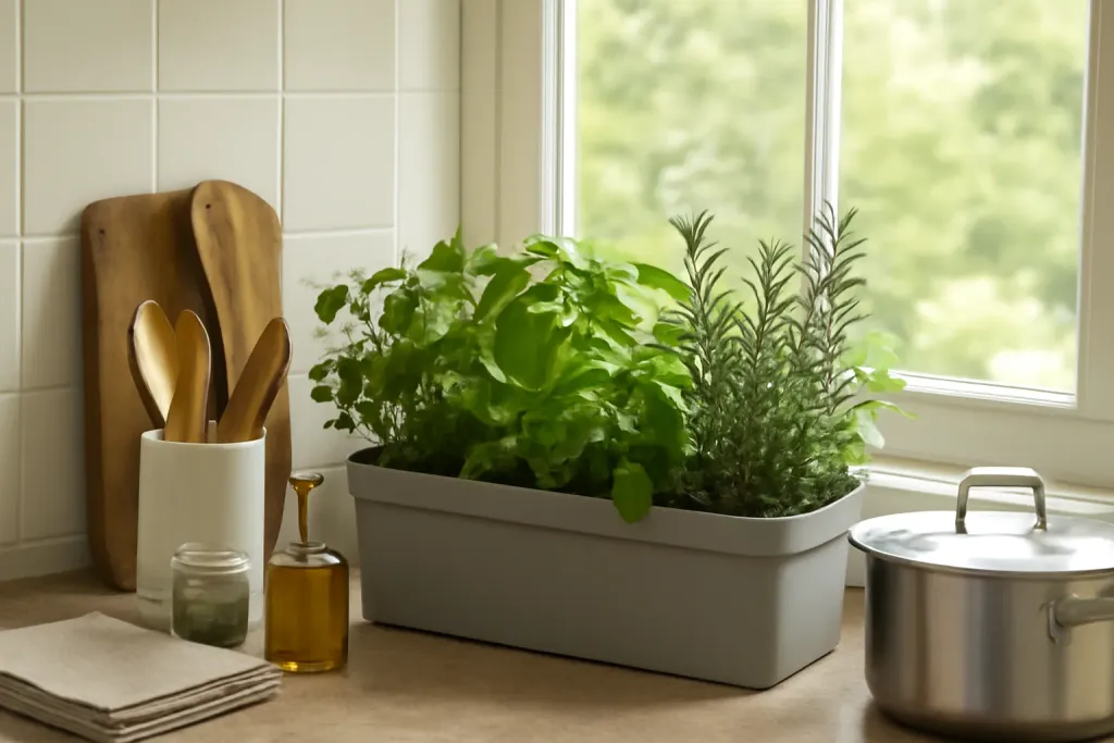 Editorial photo illustrating countertop herb garden space