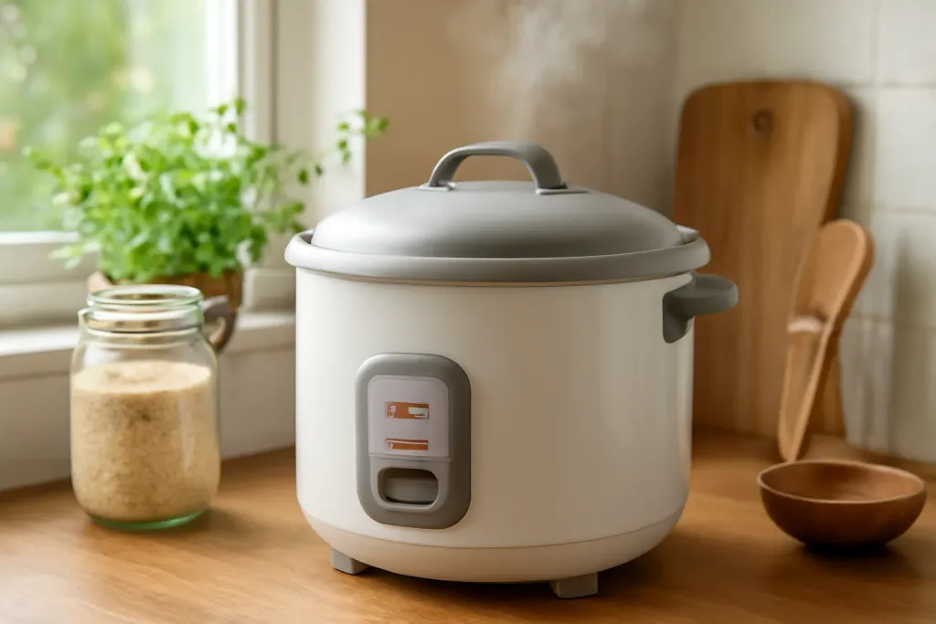 A countertop rice cooker with steam rising from the lid vent