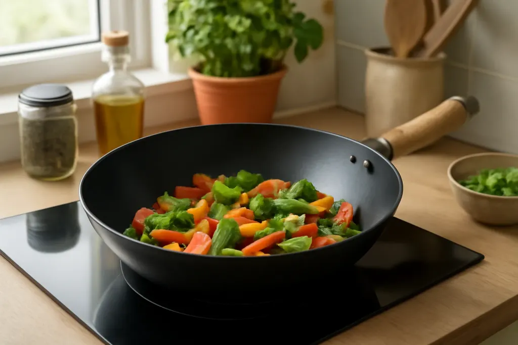 A flat-bottomed carbon steel wok on an induction stovetop with vegetables