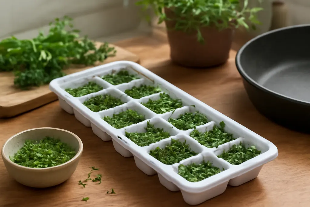 Chopped herbs packed into ice-cube tray compartments