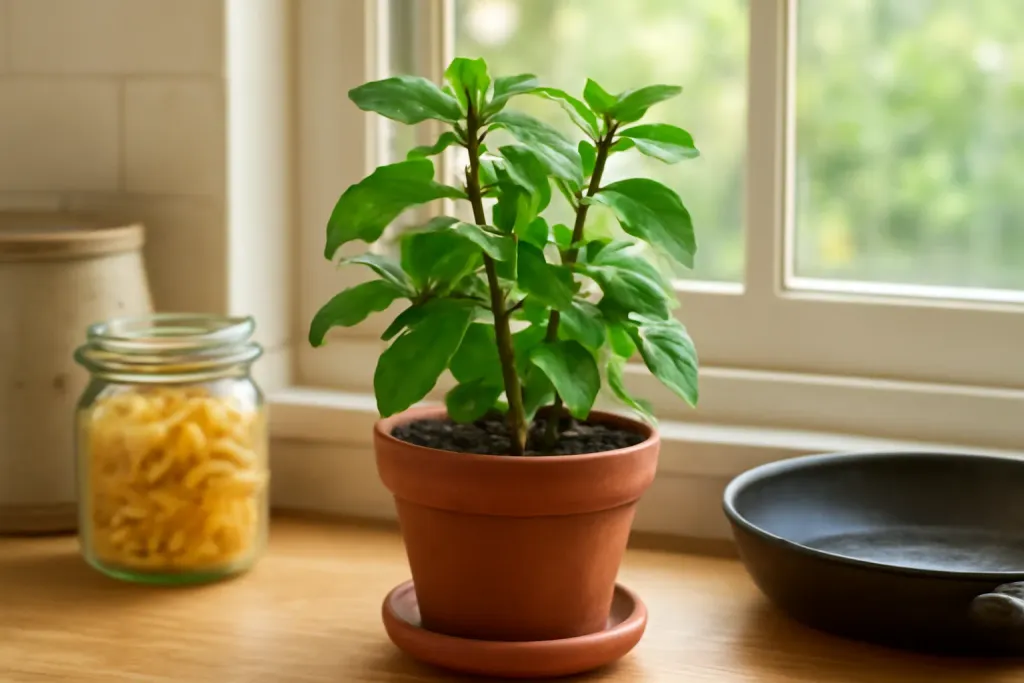 A potted Thai basil plant with purple-tinged stems on a sunny windowsill