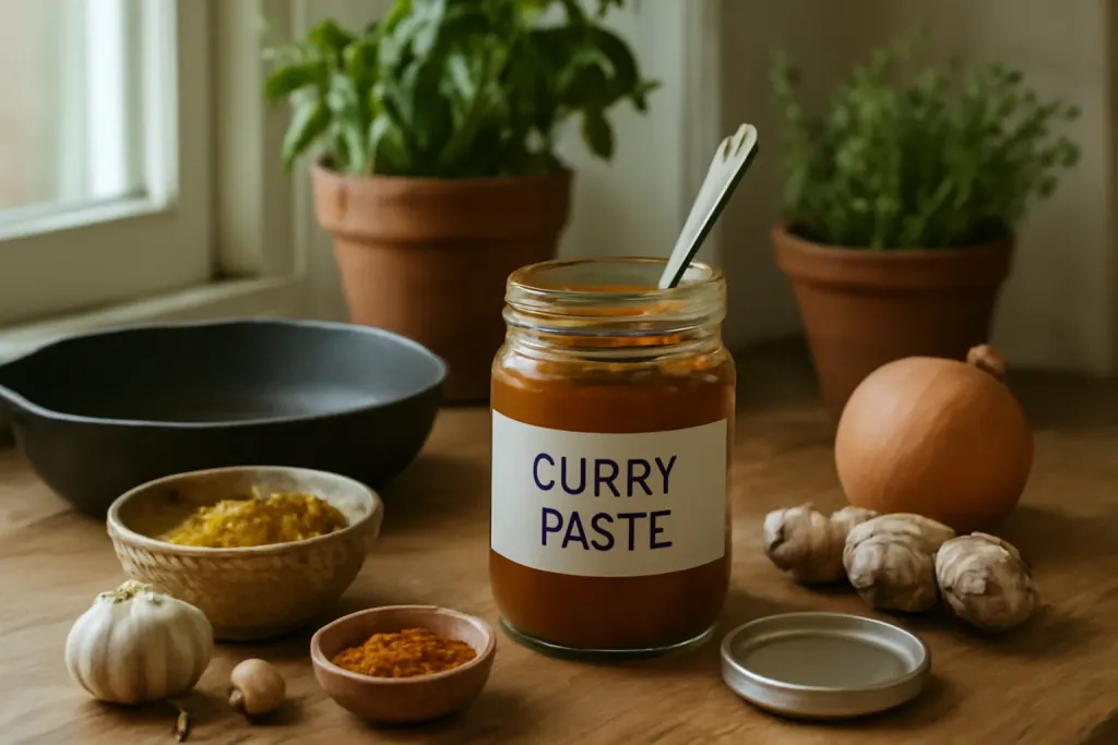 Editorial photo illustrating curry paste label reading
