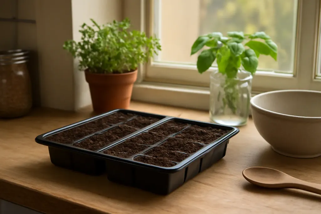 Small seed-starting trays filled with soil under a window