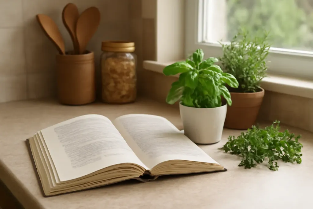 An open cookbook resting on a kitchen counter beside fresh herbs
