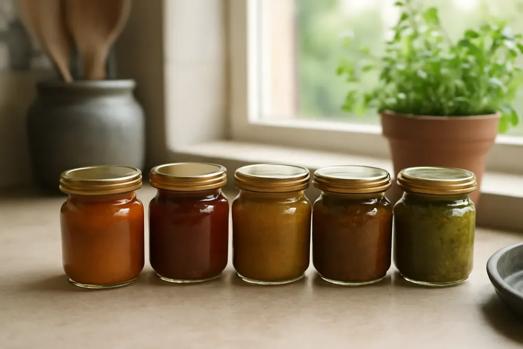 Five small jars of different colored curry pastes lined up on a counter