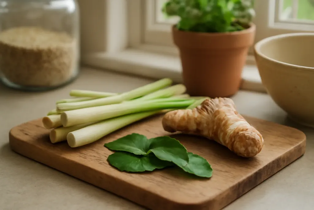 Fresh lemongrass stalks, galangal root, and lime leaves on a board