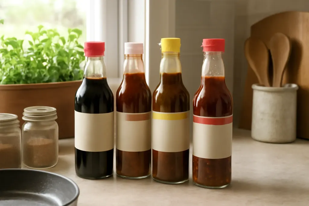Several bottles of Thai sauces and condiments lined up on a counter