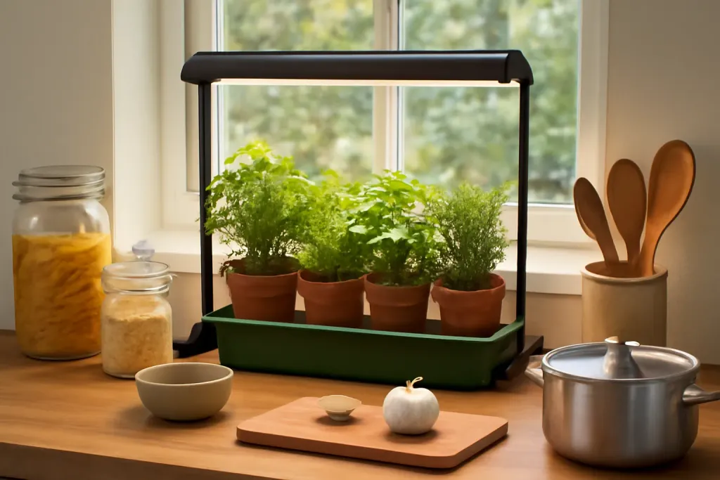 Editorial photo illustrating grow light placement herbs