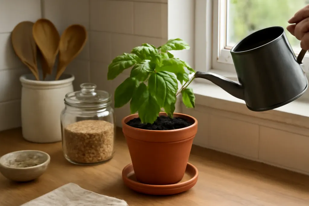 Editorial photo illustrating basil planter drainage