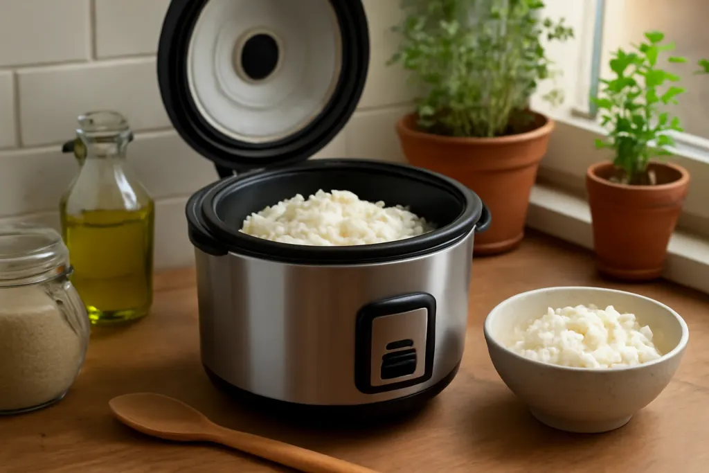 Editorial photo illustrating rice cooker mushy rice fix