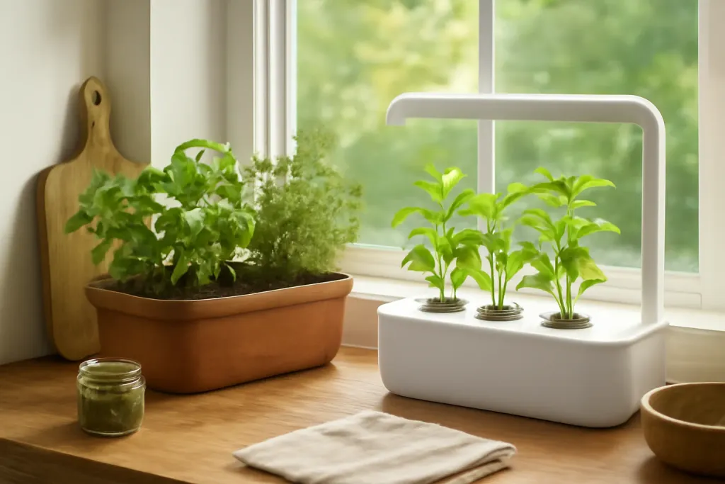 Editorial photo illustrating windowsill kit vs hydroponic garden