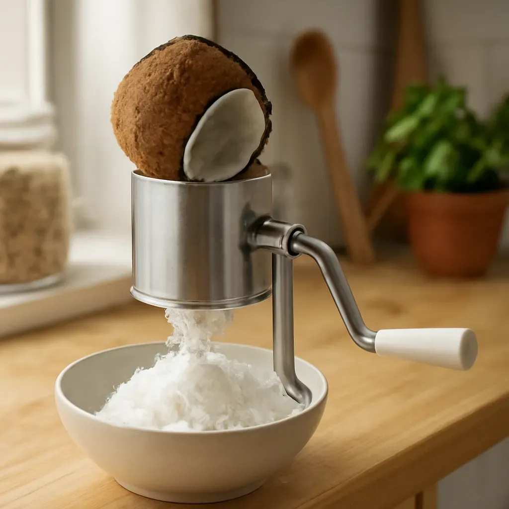 AI-generated editorial product photograph (not the exact linked listing) of coconut grating attachment