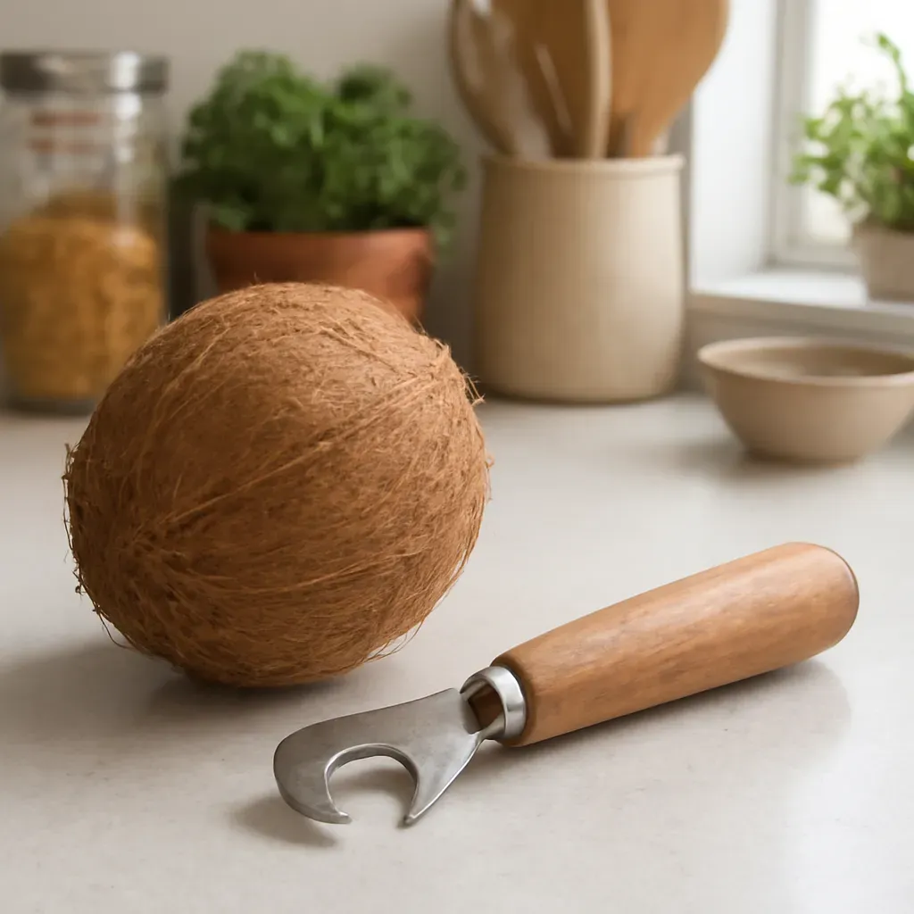 AI-generated editorial product photograph (not the exact linked listing) of coconut opener tool