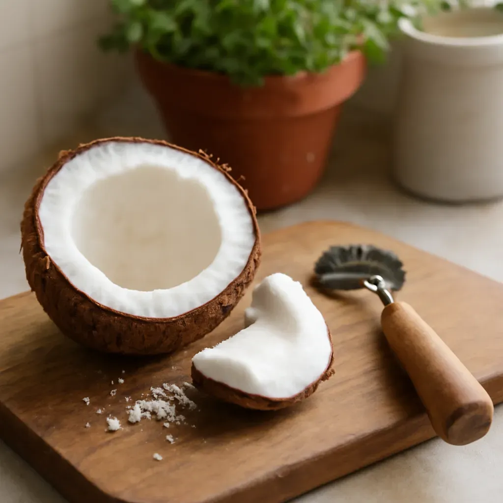 AI-generated editorial product photograph (not the exact linked listing) of coconut scraper tool