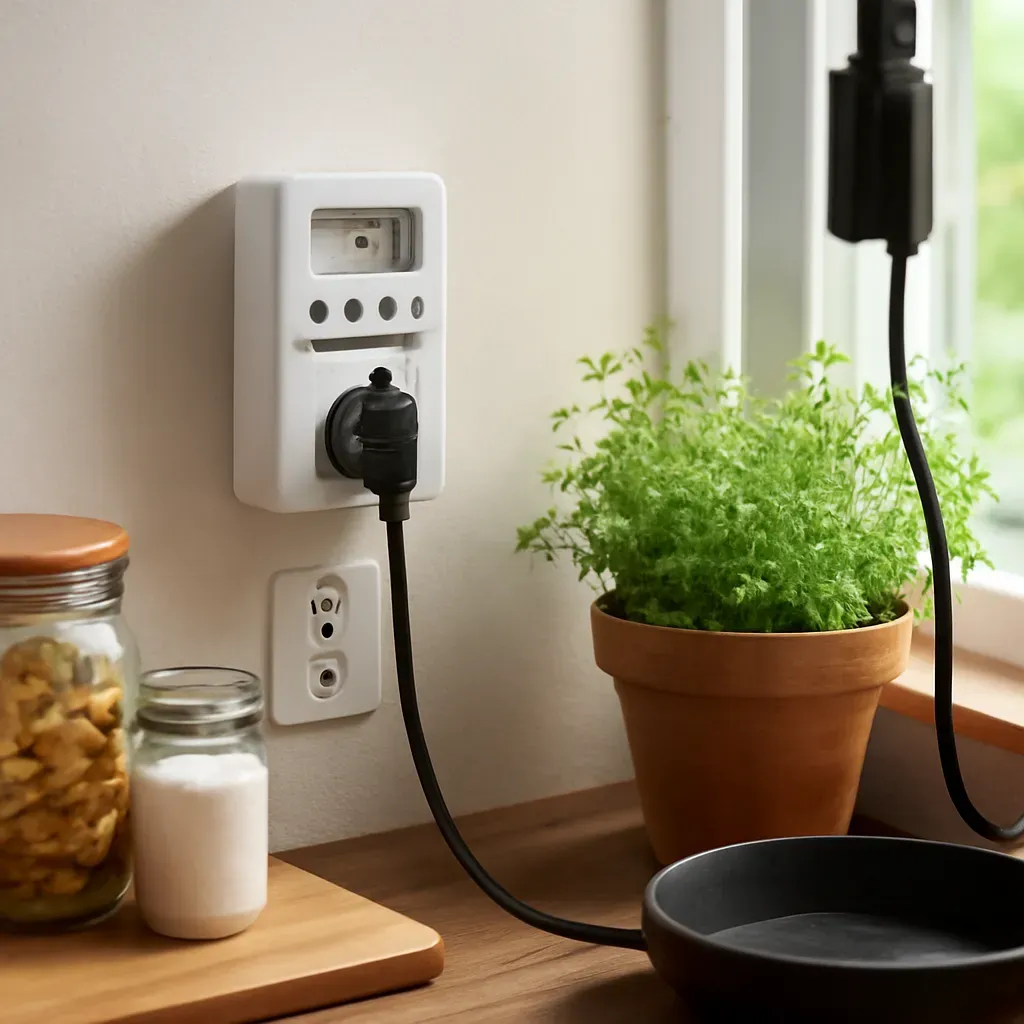 AI-generated editorial product photograph (not the exact linked listing) of grow light timer outlet