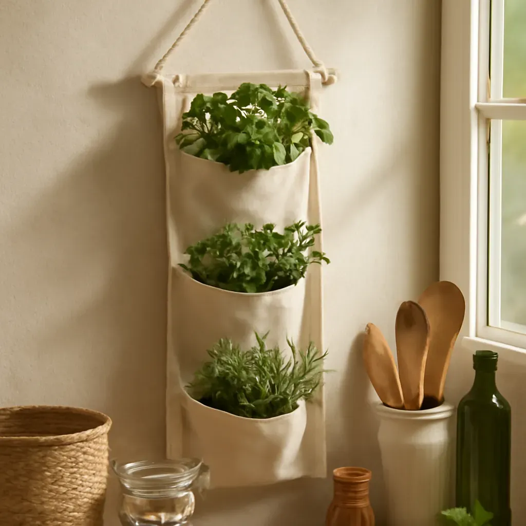 AI-generated editorial product photograph (not the exact linked listing) of hanging herb planter set