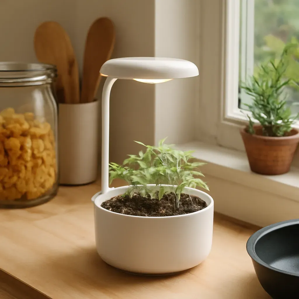 AI-generated editorial product photograph (not the exact linked listing) of herb growing kit with built-in light