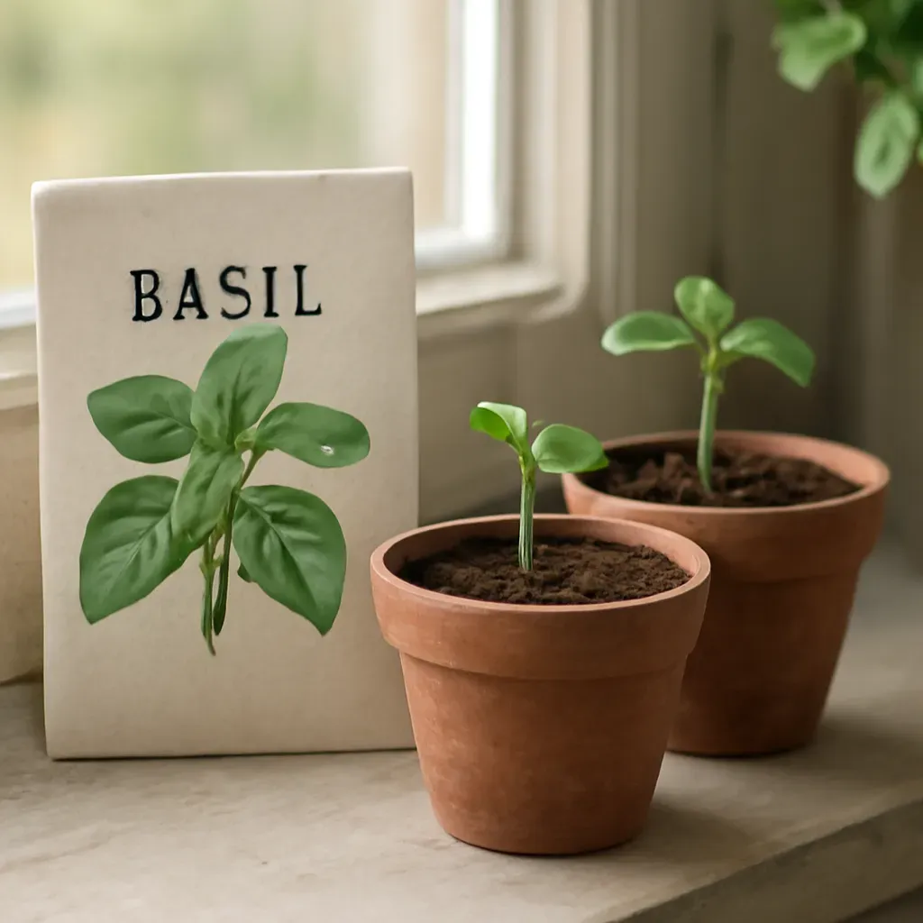 AI-generated editorial product photograph (not the exact linked listing) of holy basil seeds