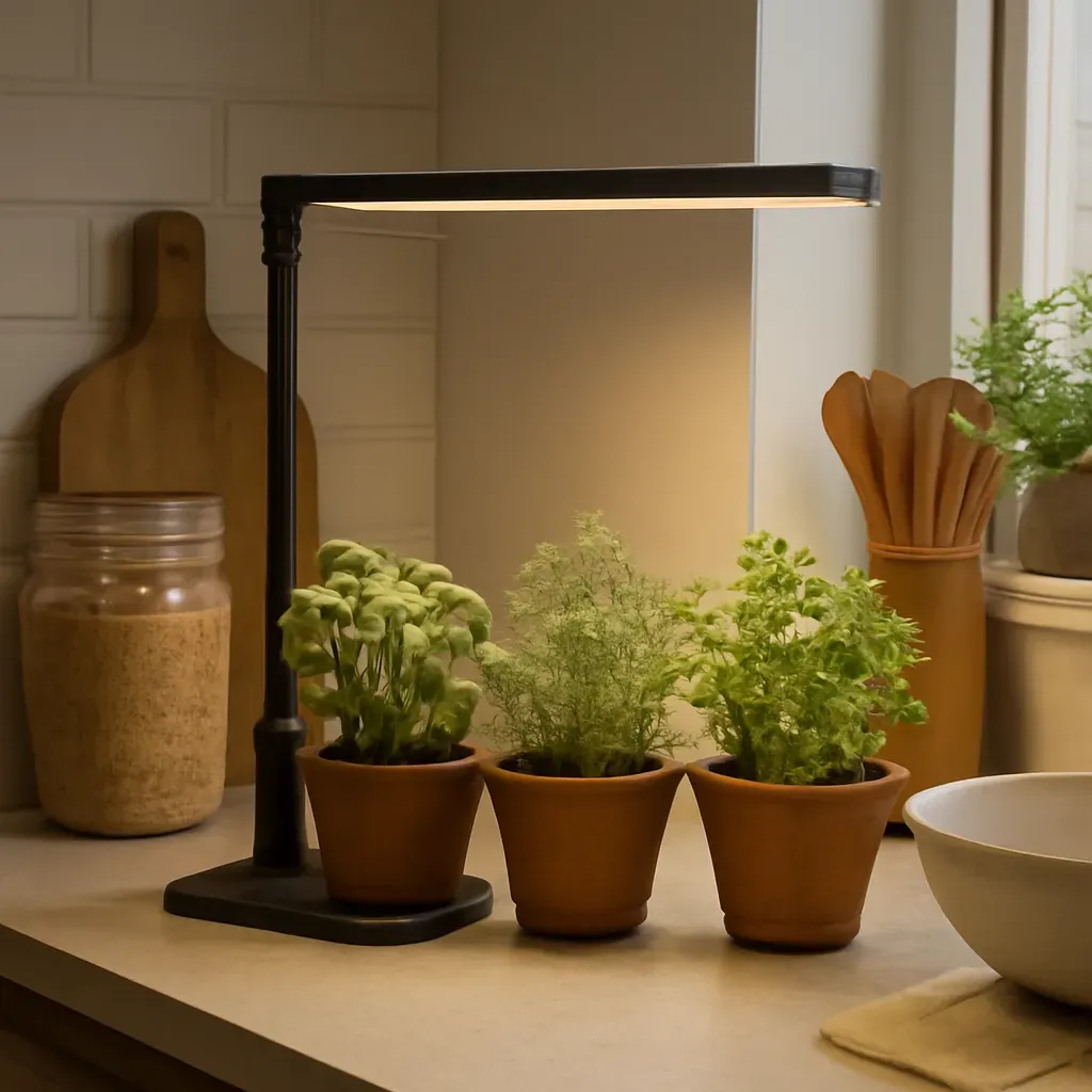AI-generated editorial product photograph (not the exact linked listing) of adjustable led grow light with stand