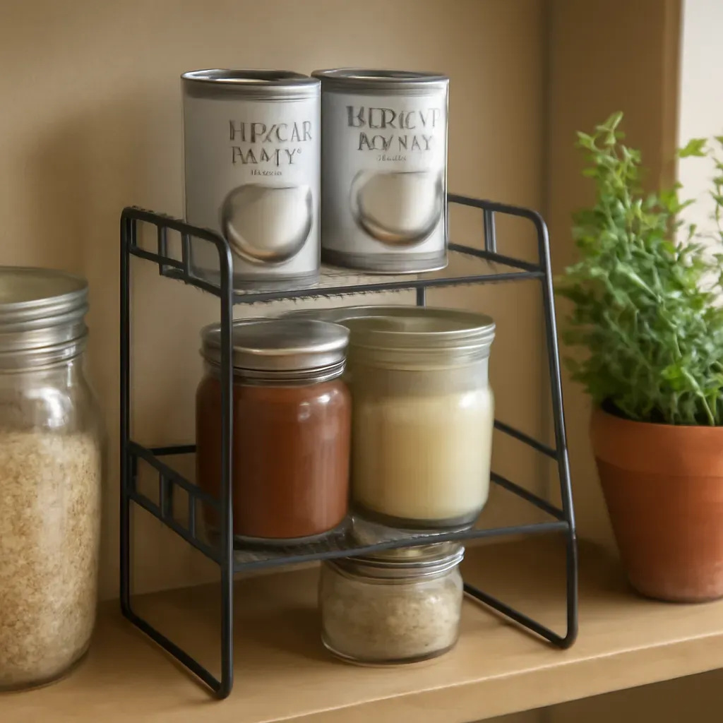AI-generated editorial product photograph (not the exact linked listing) of pantry shelf riser organizer