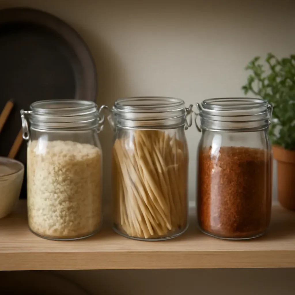 AI-generated editorial product photograph (not the exact linked listing) of airtight pantry storage jars