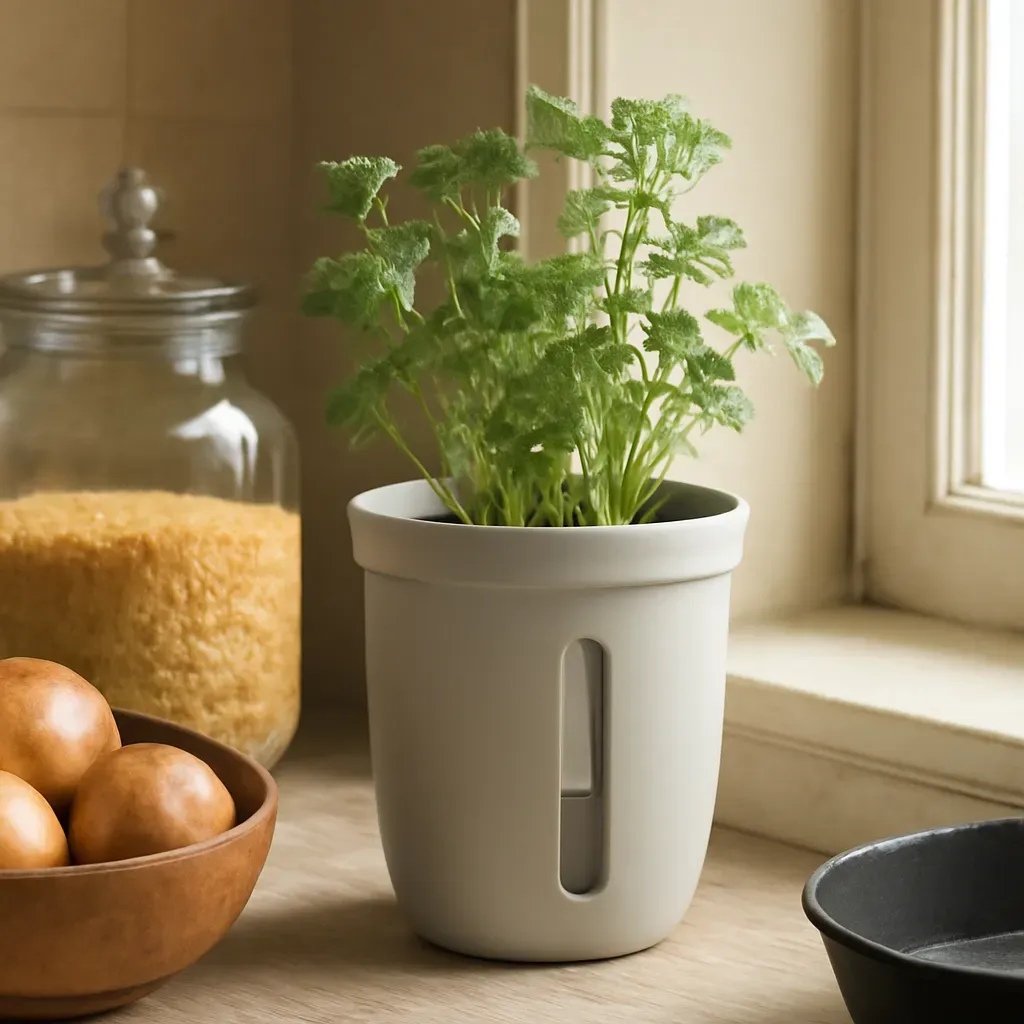 AI-generated editorial product photograph (not the exact linked listing) of self-watering herb starter kit
