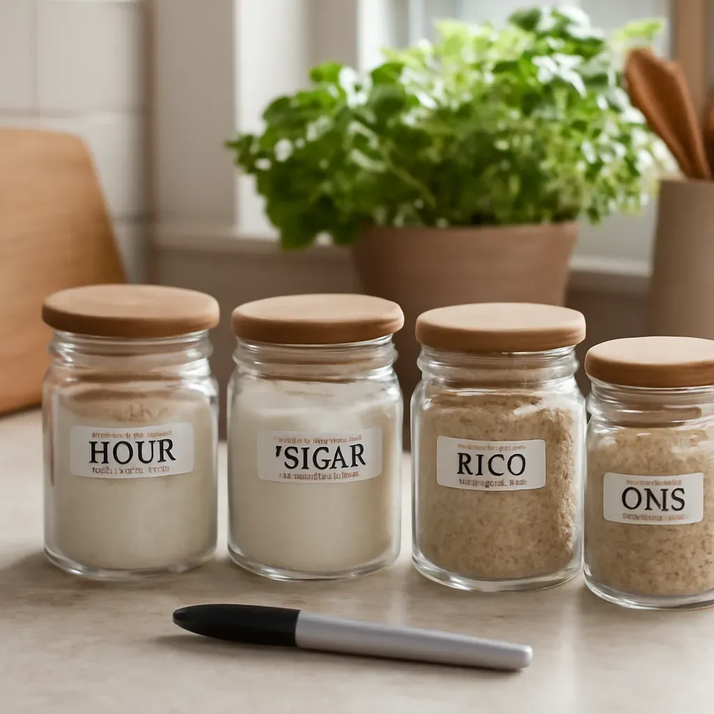 AI-generated editorial product photograph (not the exact linked listing) of pantry labeling kit