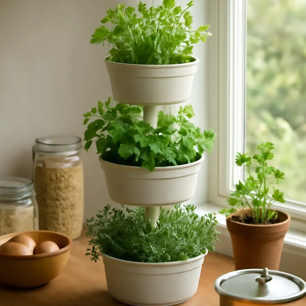 AI-generated editorial product photograph (not the exact linked listing) of vertical indoor garden tower