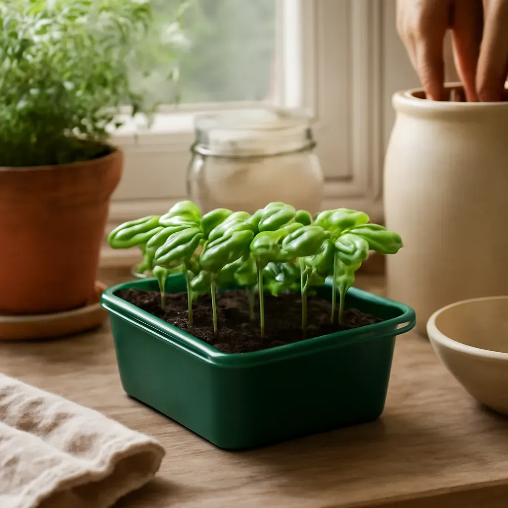 AI-generated editorial product photograph (not the exact linked listing) of windowsill thai basil growing kit