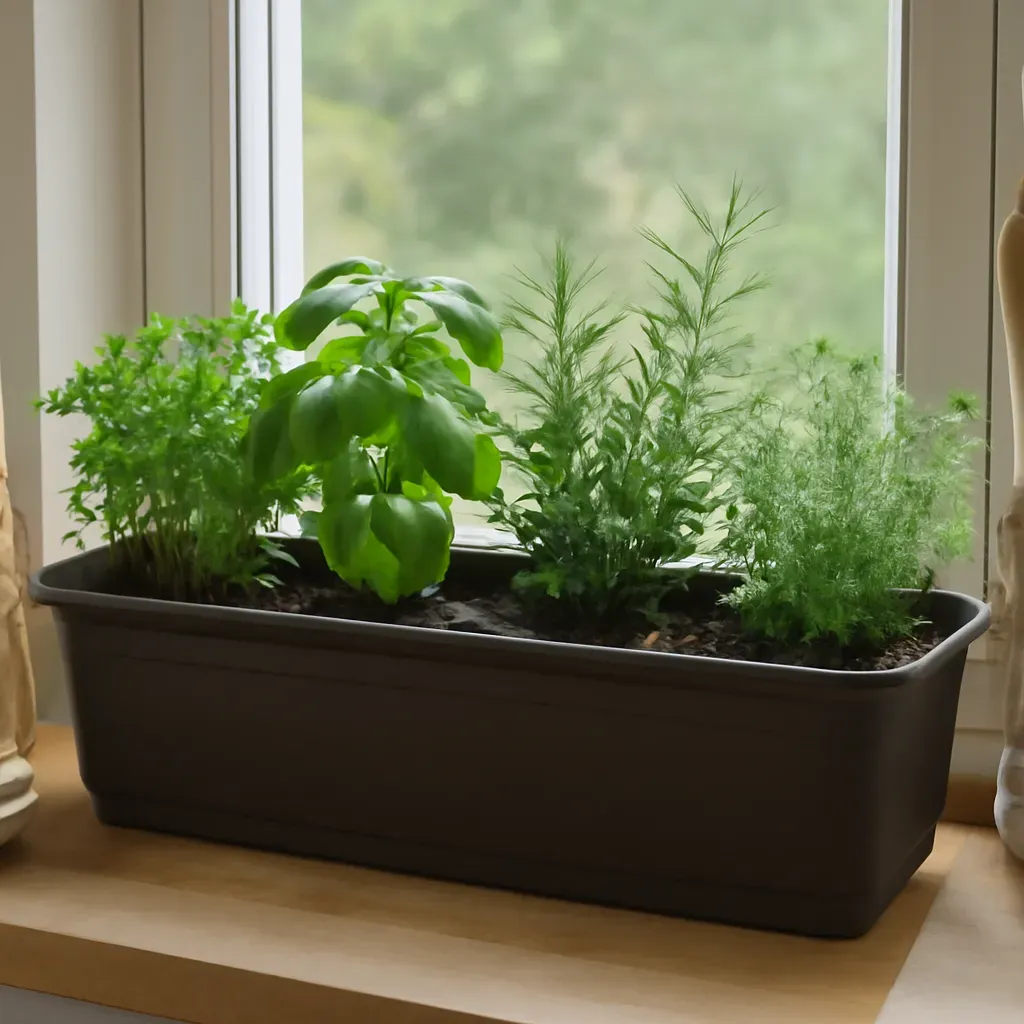 AI-generated editorial product photograph (not the exact linked listing) of long windowsill planter box